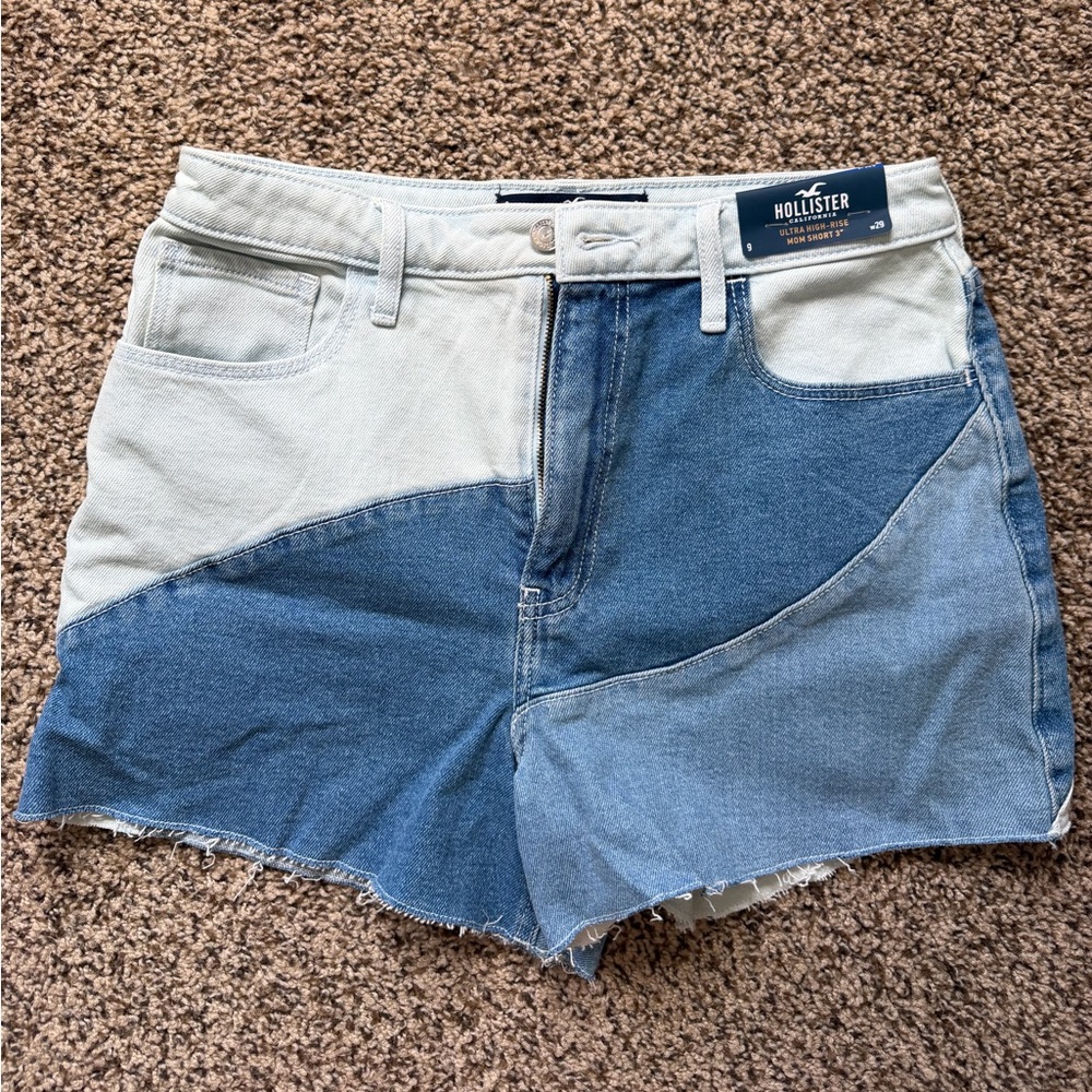 Hollister Two-Tone Patchwork Denim Shorts - Light & Medium Blue